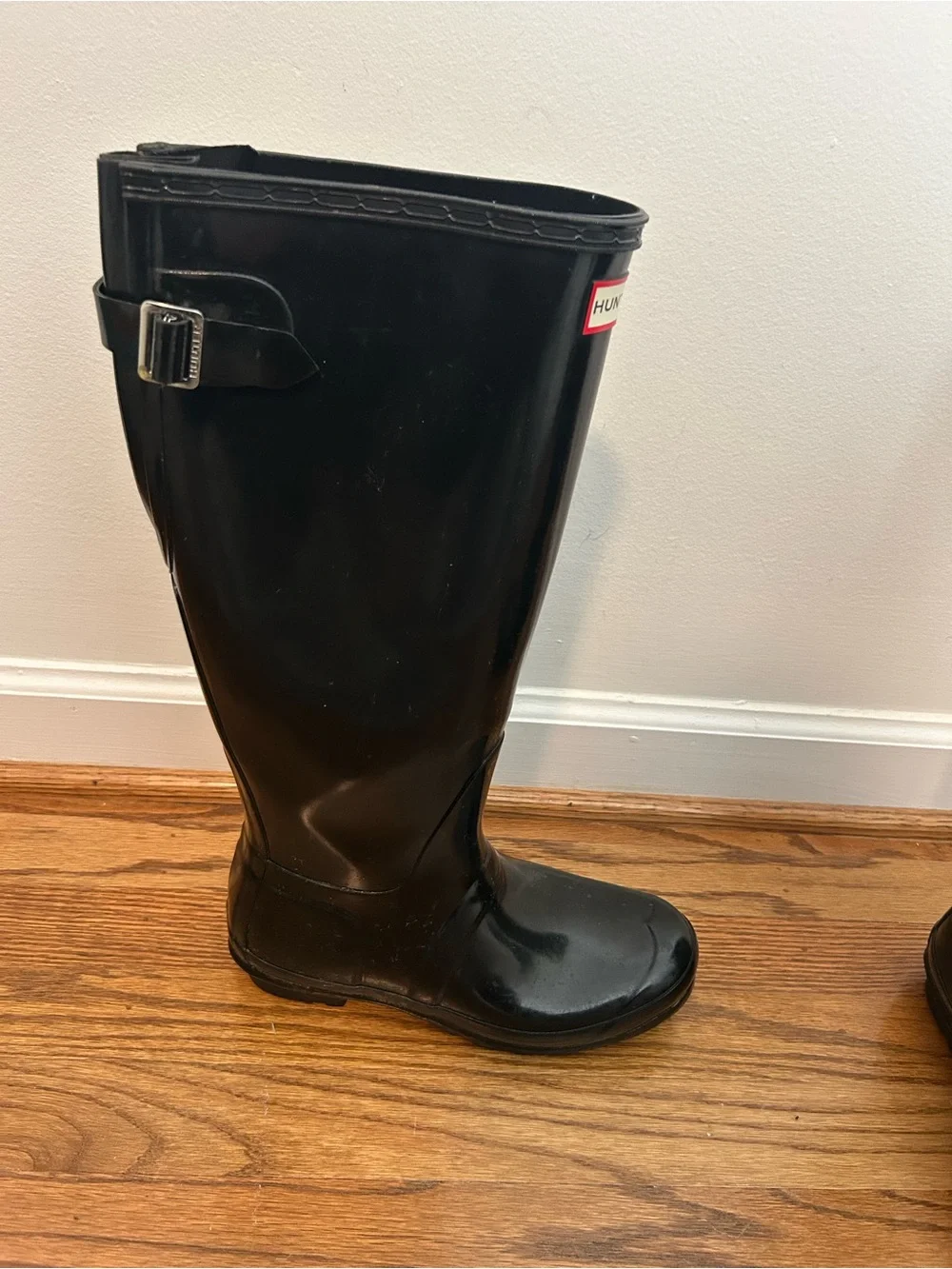Hunter Glossy Black Tall Rain Boots with Red Logo Trim Adjustable calf